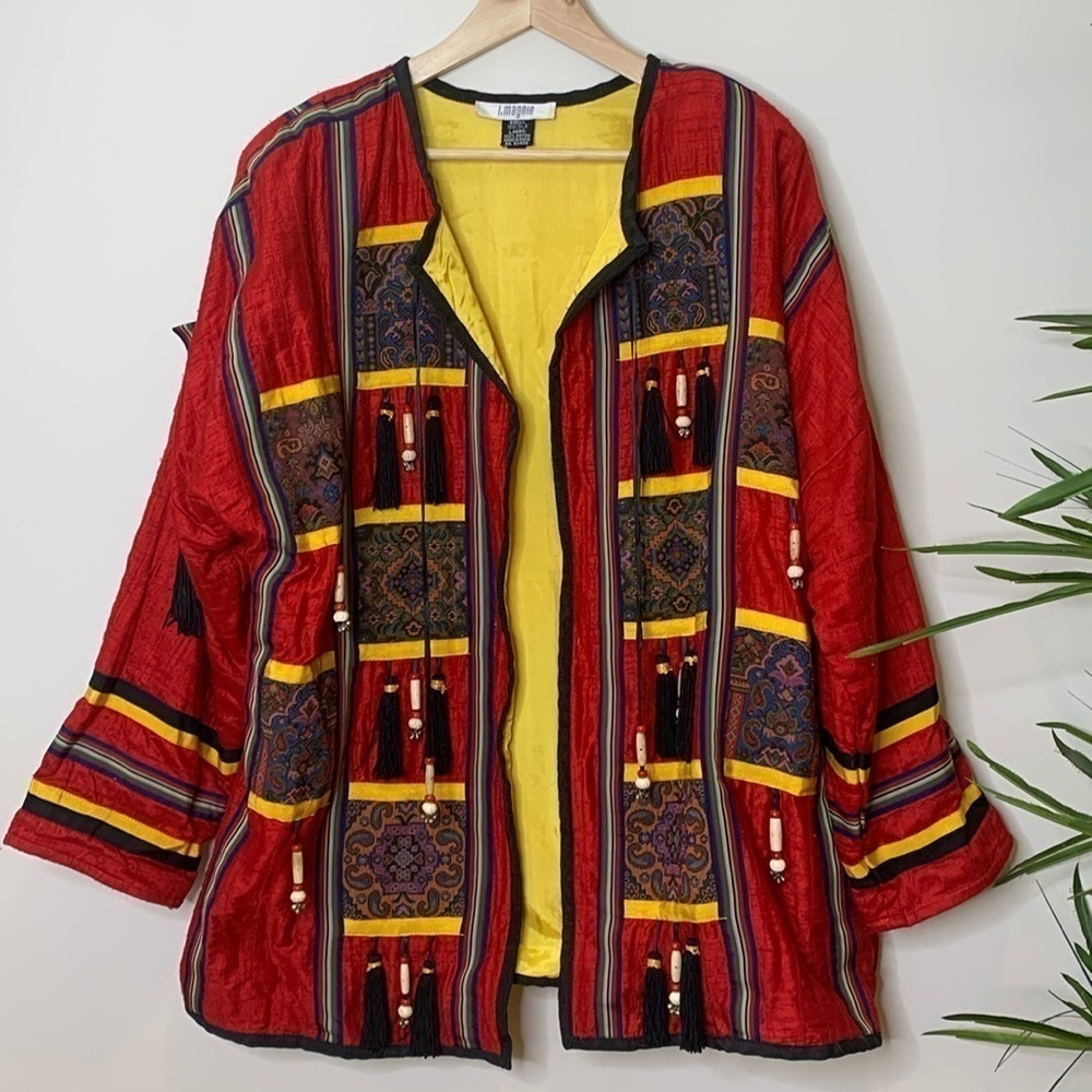 I Magnin Vintage Silk Embroidered Tapestry Tassel Beaded Patchwork Art Jacket L - Picture 1 of 17
